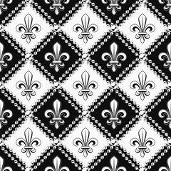Geometric black and white pattern with fleur de lis symbol. Diagonal square grid. Illustration for Mardi Gras carnival. Vintage illustration for prints, clothing, holiday, surface design