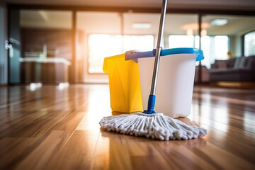 Close up view of mop and yellow bucket on parquet floor of room. Housekeeping, cleaning concept