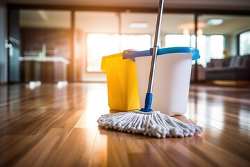 Close up view of mop and yellow bucket on parquet floor of room. Housekeeping, cleaning concept - Powered by Adobe