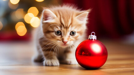 copy space, stockphoto, cute kitten playing with a Christmas bauble. Cute pet playing with a Christmas bauble during christmas time.  Background for greeting card, invitation card. Christmas theme.
