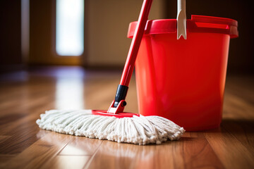 Close up view of mop and red bucket on parquet floor of room. Housekeeping, cleaning concept - obrazy, fototapety, plakaty
