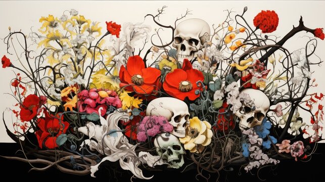  a painting of a bunch of flowers with a skull in the middle of the picture and a skull in the middle of the picture.  generative ai