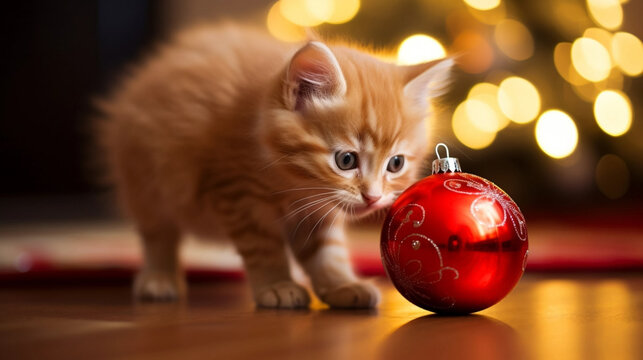 copy space, stockphoto, cute kitten playing with a Christmas bauble. Cute pet playing with a Christmas bauble during christmas time.  Background for greeting card, invitation card. Christmas theme.