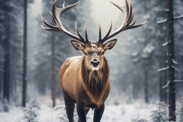 Majestic elk standing in a snowy forest