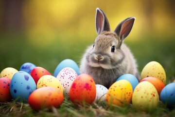 Fototapeta na wymiar Bunny with colorful Easter eggs on a bright spring day