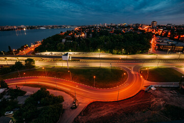 Night Voronezh cityscape. Transport junction, aerial view