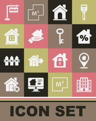 Set House, Location with house, percant discount, Realtor, Hanging sign Sold and key icon. Vector
