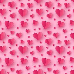 Paper cut hearts on pink background. Seamless pattern with symbols of love. Vector illustration