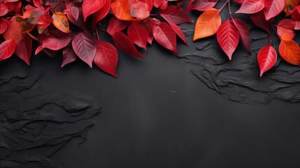Autumn composition with color leaves ornament on black slate board with copy space. bright maple foliage season autumn text retro country style flat lay top view dark background - Powered by Adobe