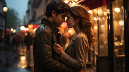 Obraz premium passionate couple in love outside in the rain