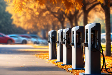 fast electric vehicle chargers for charging car in park with autumn tree background. charging EV car. AI generated