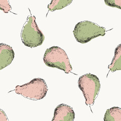 Vintage pink green pear vector pattern background Hand-drawn illustrative fruit backdrop. Seamless botanical repeat. Mid-century modern style with offset colors. Line art. For packaging, summer, gift.