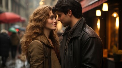 Fototapeta premium a couple in love saying goodbye in the evening street
