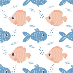 Naklejka premium Seamless pattern with cute cartoon kawaii fish on a white background. Children's print, textile, vector