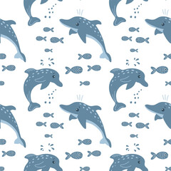 Seamless pattern with cute cartoon fish and kawaii sea animals on a white background. Children's print, textile, vector