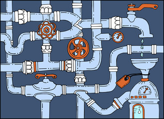 Water supply networks. Sketch doodle colored vector illustration. Games, Technology and Steam punk pattern. Hydro background. Plexus of the hydraulic tube.