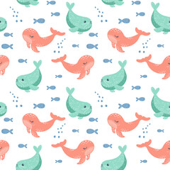 Seamless pattern with cute cartoon fish and kawaii sea animals on a white background. Children's print, textile, vector
