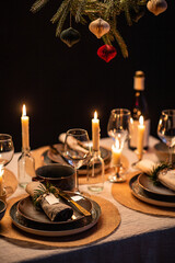 winter holidays, dinner party and celebration concept - close up of scandinavian christmas table...