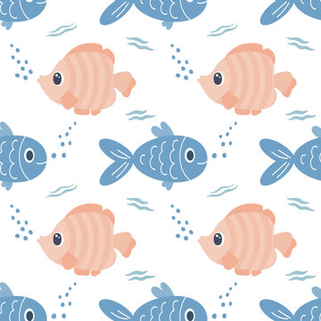 Seamless pattern with cute cartoon kawaii fish on a white background. Children's print, textile, vector