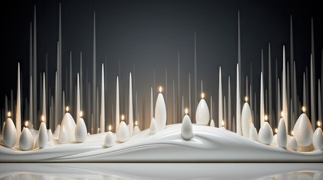  a group of white candles sitting on top of a pile of snow next to a pile of snow covered ground.  generative ai