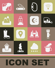 Fototapeta premium Set Cup of tea, Flashlight, Rv Camping trailer, Carabiner, lantern, Mountains, and hiking on map and Moon stars icon. Vector