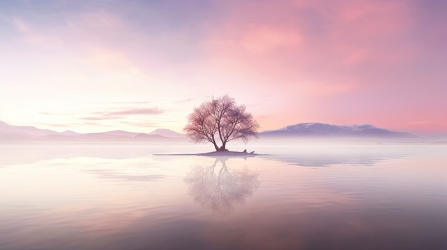  a lone tree on a small island in the middle of a body of water with a pink sky in the background.  generative ai