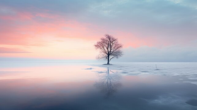  a lone tree sitting in the middle of a body of water with a pink and blue sky in the background.  generative ai
