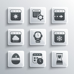 Set Calendar and clock, Old hourglass, winter, Clock, Kitchen timer, autumn, summer and Time flies on the icon. Vector