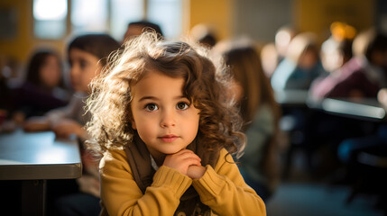 niña latina en un aula escolar preesolar atenta y concentrada seria y pensativa, cabello con luz y niños al fondo - obrazy, fototapety, plakaty