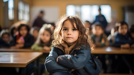 niña latina en un aula escolar preesolar atenta y concentrada seria y pensativa, cabello con luz y niños al fondo