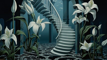  a painting of a spiral staircase in a dark room with white flowers in the foreground and a spiral staircase in the background.  generative ai