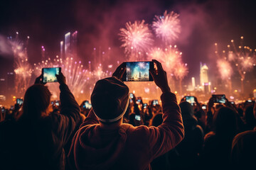 Fototapeta na wymiar New year celebrating. Crowd people shoot fireworks on the phone