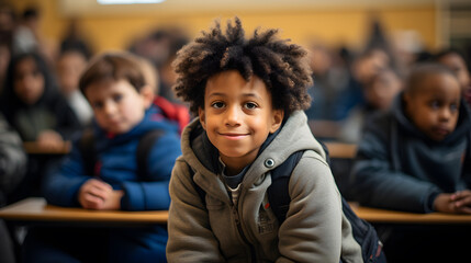 niño latino sonriente en salon de clase escuela aula de primaria con niños al fondo
 - obrazy, fototapety, plakaty