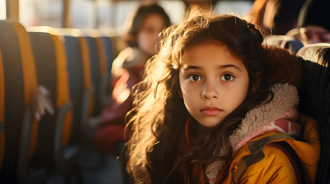 Ni&ntilde;a latina en un viaje escolar dentro de un aurobus, escuela