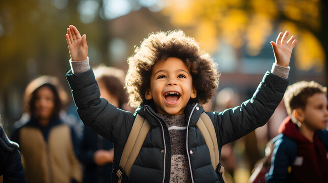 ni&ntilde;o latino sonriente en su escuela tiene mochila al hombro