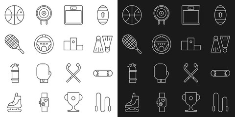 Set line Jump rope, Skateboard trick, Rubber flippers for swimming, Bathroom scales, Steering wheel, Tennis racket, Basketball ball and Award over sports winner podium icon. Vector