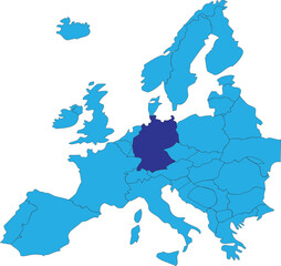 Dark blue CMYK national map of GERMANY inside simplified blue blank political map of European continent on transparent background using Peters projection