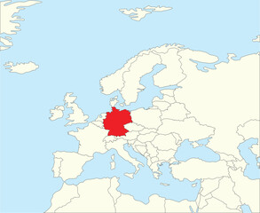 Red CMYK national map of GERMANY inside simplified beige blank political map of European continent on blue background using Winkel Tripel projection