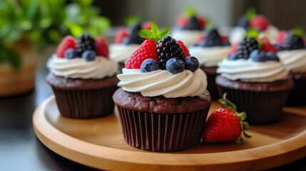 Close up view of chocolate cupcakes with icing and fresh berries