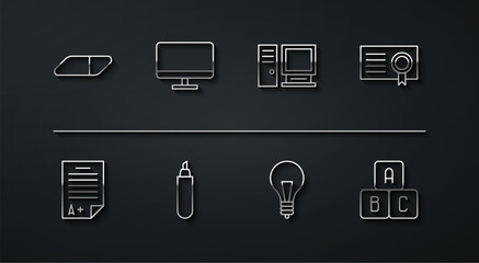 Set line Eraser or rubber, Exam sheet with A plus grade, Certificate template, Light bulb concept of idea, Marker pen, Computer monitor screen, ABC blocks and icon. Vector