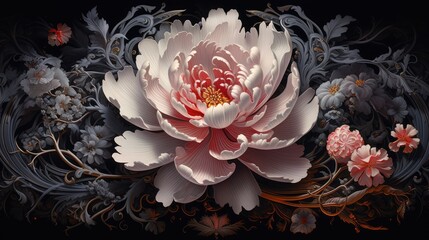  a painting of a large pink flower surrounded by smaller pink and white flowers on a black background with gold accents.  generative ai
