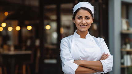 Smiling woman chef in front of her restaurant with copy space