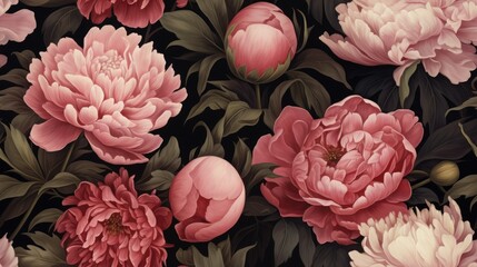  a close up of a bunch of flowers on a black background with pink and white peonies and green leaves.  generative ai