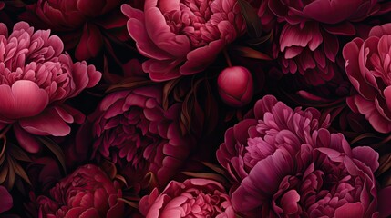  a close up of a bunch of flowers with pink petals on a black background with red and pink flowers in the center.  generative ai - obrazy, fototapety, plakaty