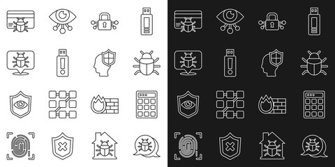 Set line System bug, Password protection, Cyber security, USB flash drive, in credit card and Head with shield icon. Vector