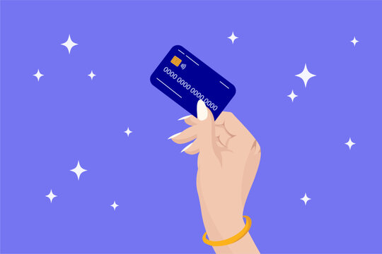 Vector female hand with manicure holding a bank card, credit card for online payments, handing over the card