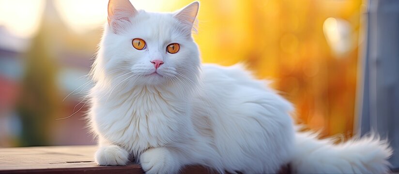 In the background of a beautifully isolated home I captured a portrait of a cute white cat with striking gold and orange hair its captivating eyes shining brightly in the camera truly a bea