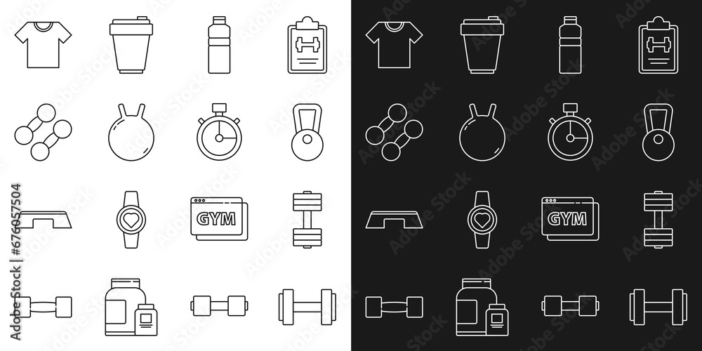 Poster set line dumbbell, kettlebell, fitness shaker, t-shirt and stopwatch icon. vector