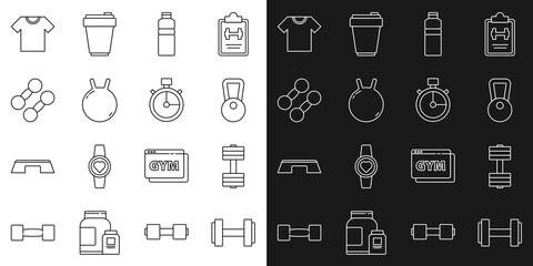 Set line Dumbbell, Kettlebell, Fitness shaker, T-shirt and Stopwatch icon. Vector