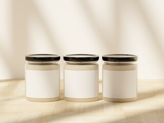 Three 9 oz scented soy candle jars mockup with soft window shadows on a wooden surface. Blank label space for personalization. 3D Rendering.